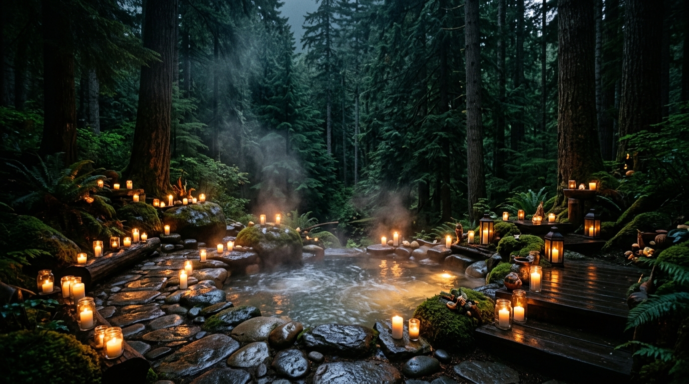 Sacred forest sanctuary with warm river stones, glowing candles, and gentle steam among evergreen trees