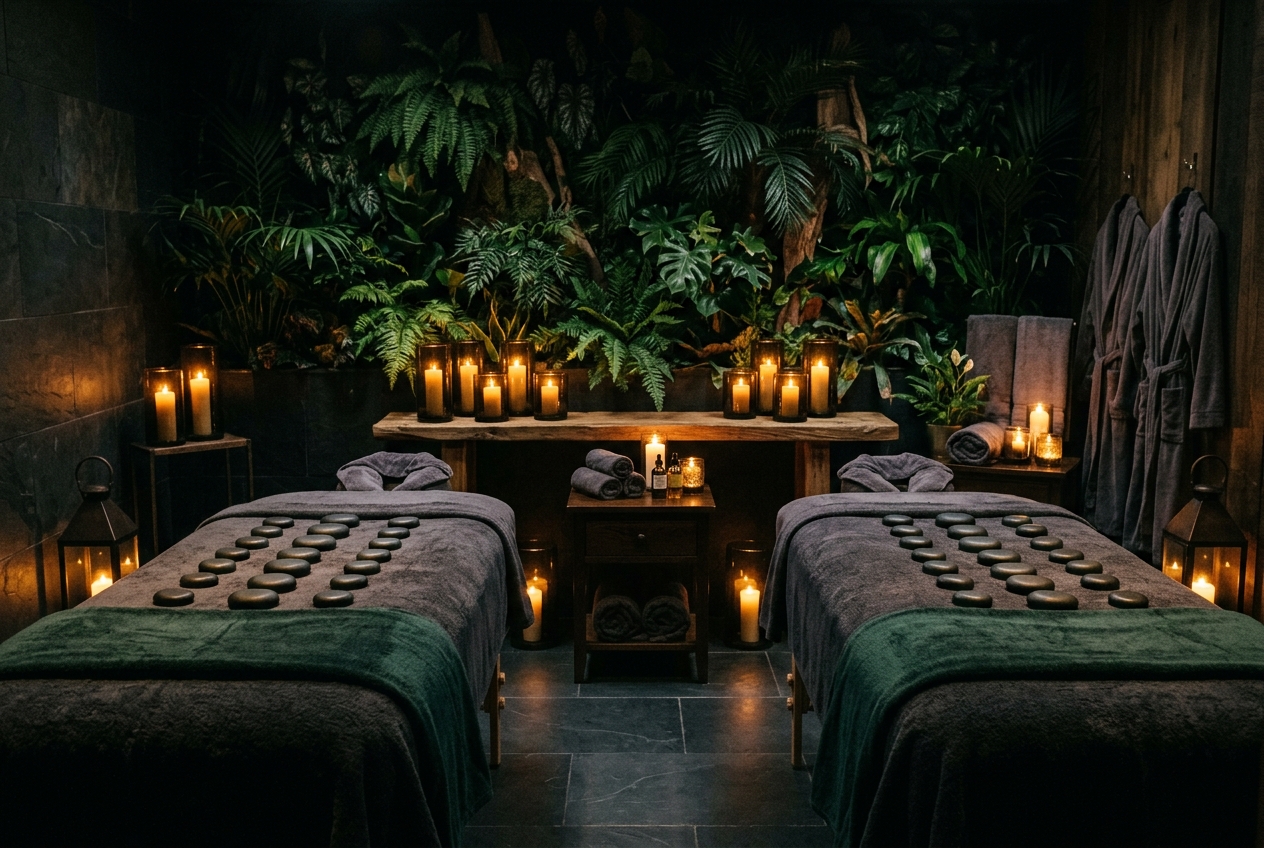 Two massage tables side by side with warm stones for a couples massage experience